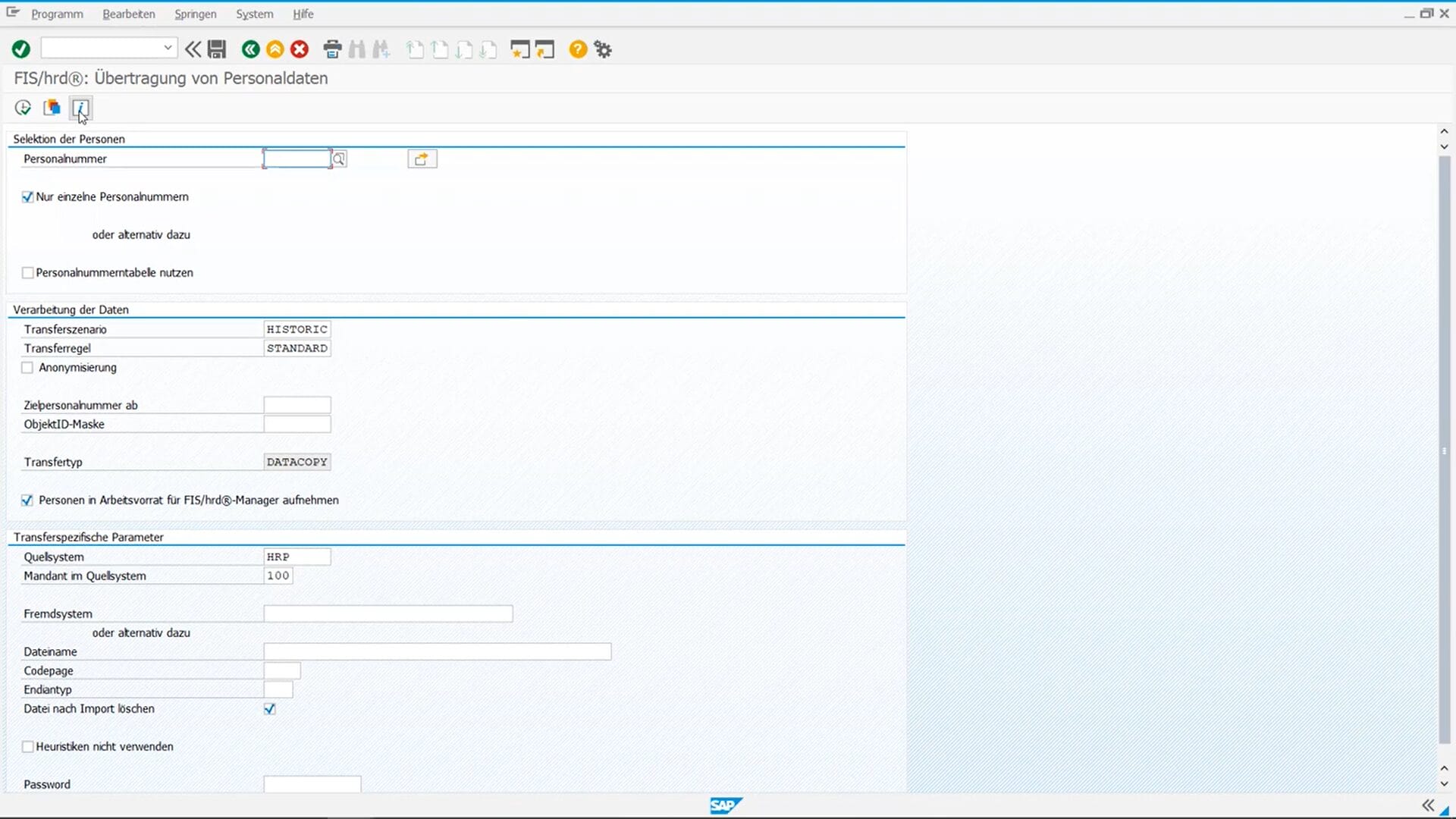 SAP GUI-Oberfläche des FIS/hrd-Moduls zur Übertragung von Personaldaten. Im oberen Abschnitt kann eine oder mehrere Personalnummern zur Selektion eingegeben werden. Im Bereich „Verarbeitung der Daten“ sind Transferdetails wie Transferszenario, Regel, Zielpersonenummer, Objekt-ID-Maske und Transferart (z. B. DATACOPY) konfigurierbar. Zudem gibt es eine Option, die Personen automatisch in den Arbeitsvorrat des HRD-Managers aufzunehmen. Im unteren Abschnitt werden transferspezifische Parameter wie Quellsystem, Mandant, Dateiname und Endtyp definiert. Die Oberfläche dient der gezielten Übertragung und Verarbeitung von HR-Daten zwischen Systemen.