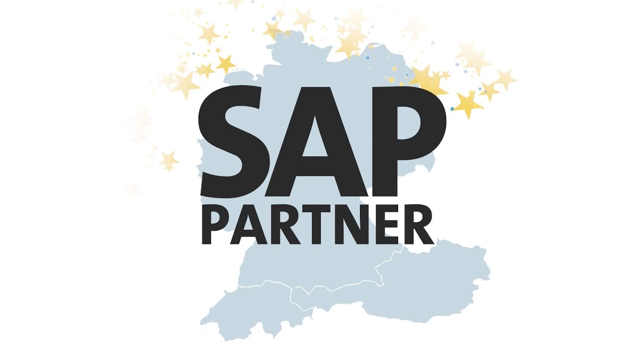 SAP Partner Schriftzug auf einer Karte von Deutschland, Österreich und der Schweiz, umgeben von goldenen Sternen.
