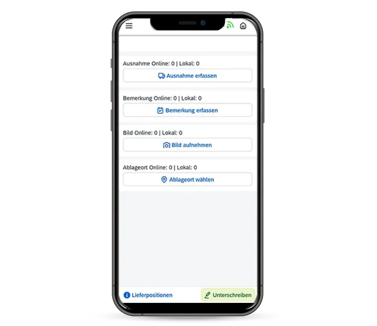 Ein Smartphone-Bildschirm zeigt eine App-Oberfläche mit mehreren Eingabebereichen: „Ausnahme erfassen“, „Bemerkung erfassen“, „Bild aufnehmen“ und „Ablageort wählen“. Oben sind ein Menü-Symbol, ein WLAN-Symbol und ein Home-Symbol sichtbar. Unten befinden sich zwei Schaltflächen: „Lieferpositionen“ und „Unterschreiben“.