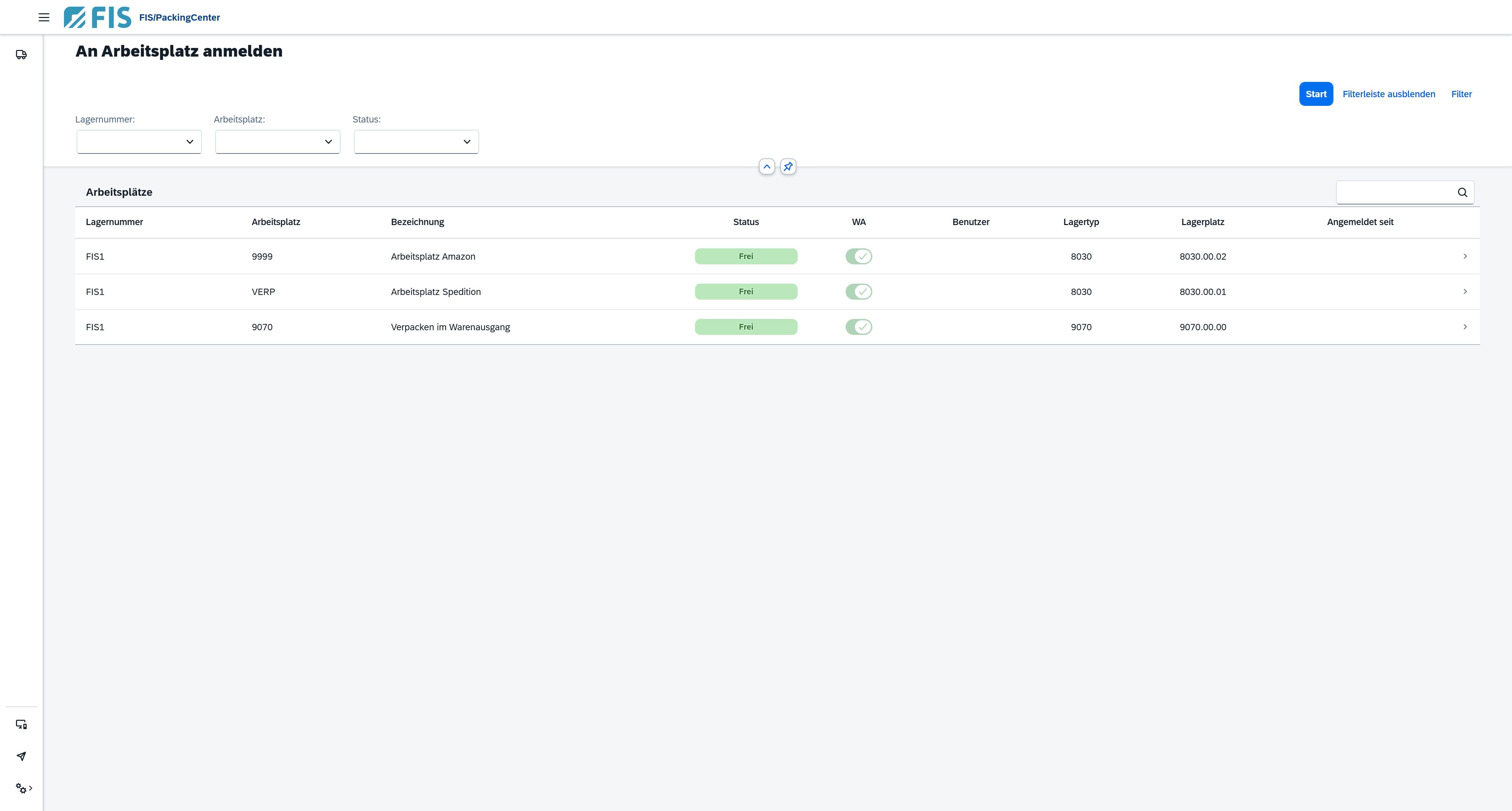 Screenshot der Softwareoberfläche „FIS/PackagingCenter“ im Bereich „An Arbeitsplatz anmelden“. Oben befinden sich Filterfelder für Lagernummer, Arbeitsplatz und Status sowie ein „Start“-Button. Darunter wird eine Tabelle mit Arbeitsplätzen angezeigt, einschließlich Angaben wie Lagernummer (FIS1), Arbeitsplatz (VERP), Bezeichnung („Allgemeiner Packplatz“), Status („Frei“), WE/WA-Status, Benutzer, Lagertyp, Lagerplatz und Anmeldezeitpunkt.