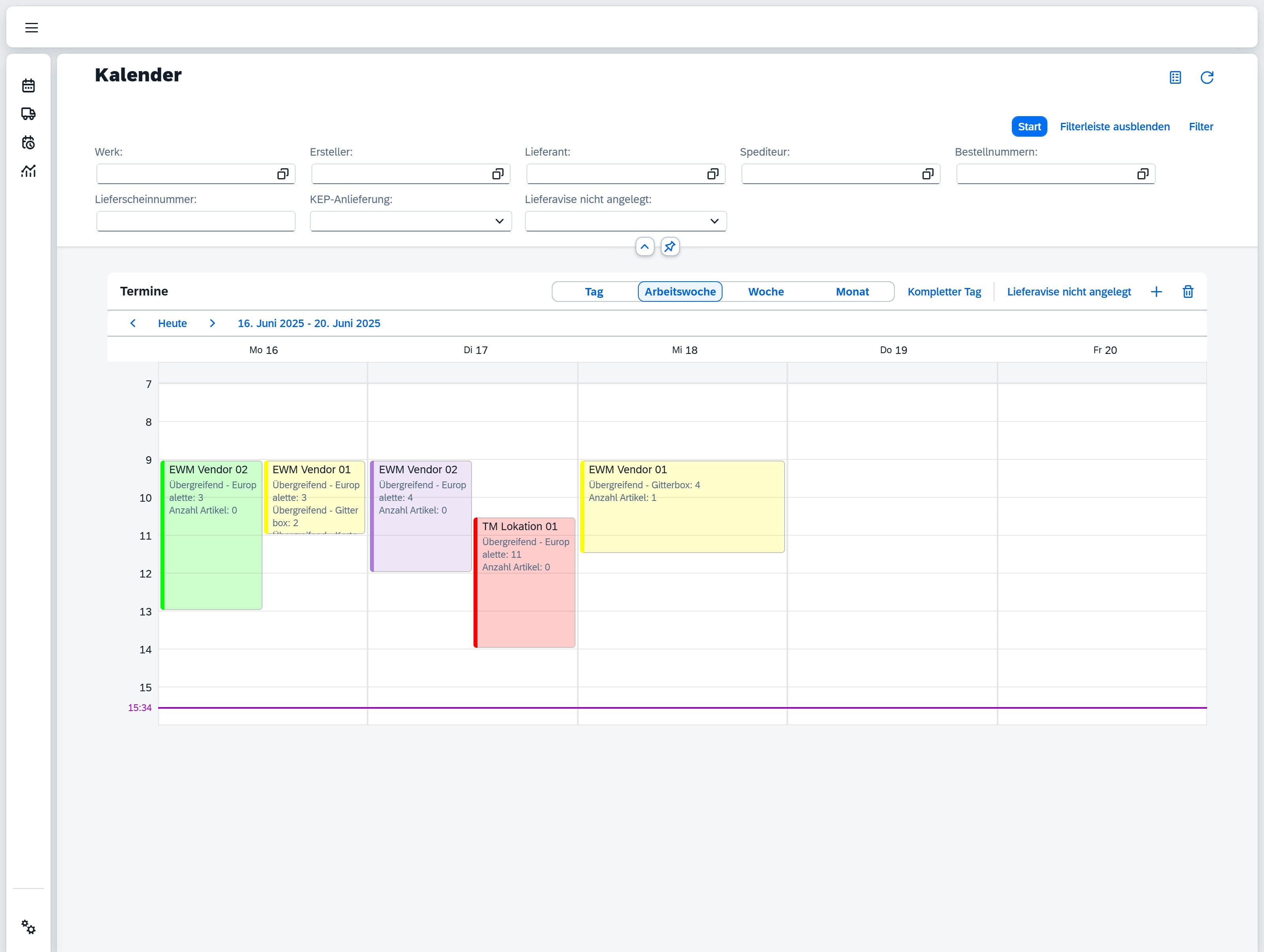 Calendar view with filter bar at the top (plant, creator, supplier, carrier, delivery note number, CEP delivery, order number). Below this is a weekly overview from June 16 to 20, 2025, with color-coded dates in the Monday to Friday columns. The dates show different deliveries and vendor entries with details such as “Cross-border – Europe,” “Pallet cage,” “Number of items.” On the left is a vertical icon navigation bar, and at the top right are control and filter elements.