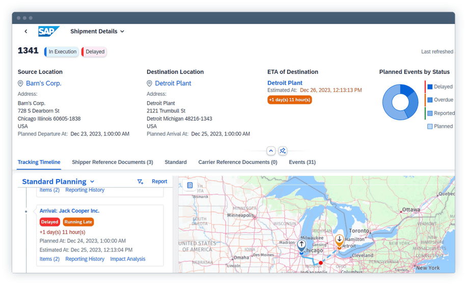 Ein Dashboard der SAP-Ansicht „Shipment Details“ zeigt Informationen zu einer laufenden und verspäteten Lieferung: links die Quelladresse „Barn’s Corp.“ in Chicago, rechts die Zieladresse „Detroit Plant“ mit geplanter und geschätzter Ankunftszeit, inklusive deutlicher Verspätungskennzeichnung. Rechts oben befindet sich ein Kreisdiagramm, das den Status geplanter Ereignisse (geplant, gemeldet, überfällig, verspätet) visualisiert. Unterhalb der Adressdaten erscheint ein Zeitachsen-Bereich mit „Standard Planning“, in dem ein als „Delayed“ markiertes Ankunftsereignis angezeigt wird. Im unteren Bereich ist eine Karte des US-Mittleren Westens mit markierten Transportpunkten abgebildet.