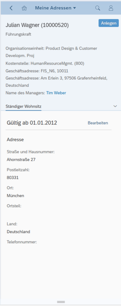 Mobile Ansicht der SAP HCM Oberfläche „Meine Adressen“ für den Mitarbeiter Julian Wagner. Angezeigt wird der ständige Wohnsitz mit Adresse: Ahornstraße 27, 80331 München, Deutschland. Oben stehen organisatorische Informationen wie Position, Organisationseinheit, Kostenstelle und Geschäftsadresse. Ein Button zum Anlegen neuer Adressen befindet sich oben rechts.