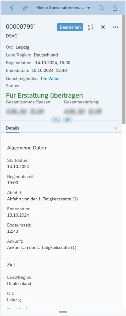 Mobile Ansicht der SAP HCM Oberfläche zur Spesenabrechnung. Gezeigt wird eine Reisekostenabrechnung mit der Nummer 00000799 nach Leipzig vom 14.10.2024 bis 18.10.2024. Der Status lautet „Für Erstattung übertragen“. Dargestellt sind allgemeine Reisedaten wie Startdatum, Uhrzeiten, Abfahrts- und Ankunftsort sowie das Reiseziel in Deutschland. Der Genehmiger ist Tim Weber. Die Ansicht zeigt die Detailseite mit den wichtigsten Reisedaten.